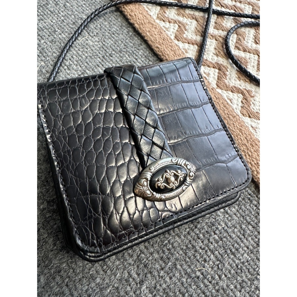 Vintage Brighton‎ Mini Crossbody Wallet Organizer Pebbled Black Leather Braided - Picture 3 of 10